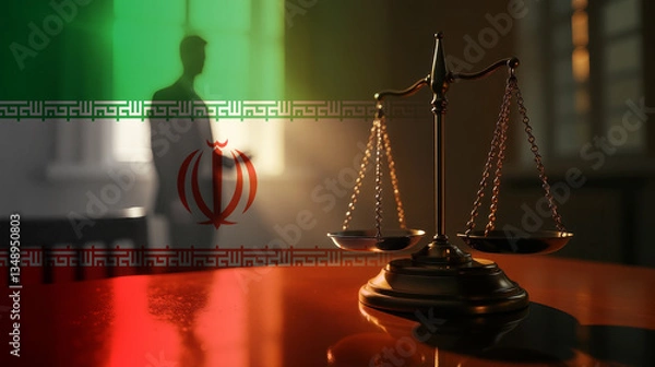 Fototapeta The scales of justice stand in front of the Iran flag, symbolizing law, fairness, and the legal system. A concept of democracy and equality.