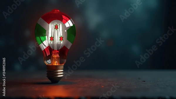 Fototapeta A patriotic concept: A light bulb with the Burundi flag design glowing in the dark, symbolizing ingenuity, technology, and energy independence
