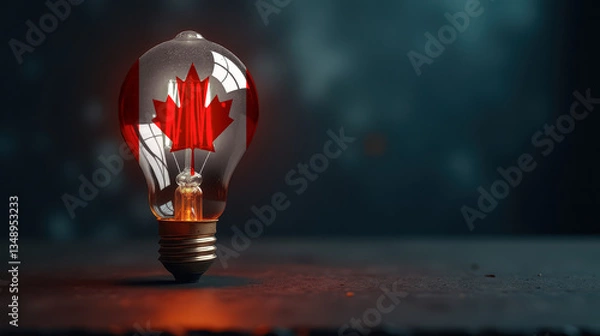 Fototapeta A patriotic concept: A light bulb with the Canada flag design glowing in the dark, symbolizing ingenuity, technology, and energy independence