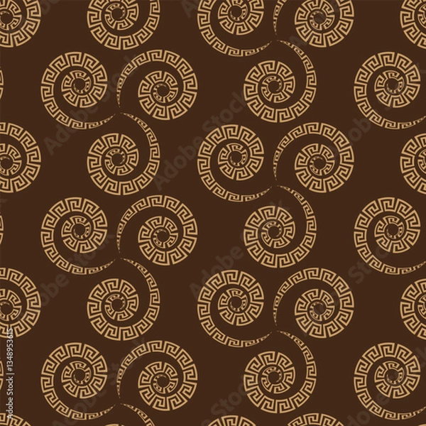 Fototapeta Seamless pattern in ancient Greek style three spirals in brown colors dark background