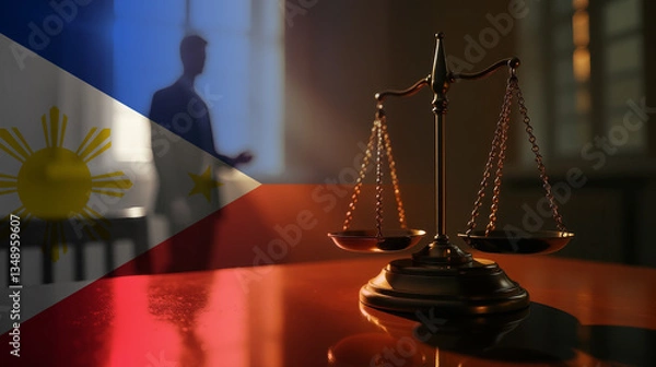 Fototapeta The scales of justice stand in front of the Philippines flag, symbolizing law, fairness, and the legal system. A concept of democracy and equality.