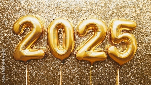 Fototapeta Golden 2025 Foil Balloons floating over a Sparkly Shimmering Backdrop