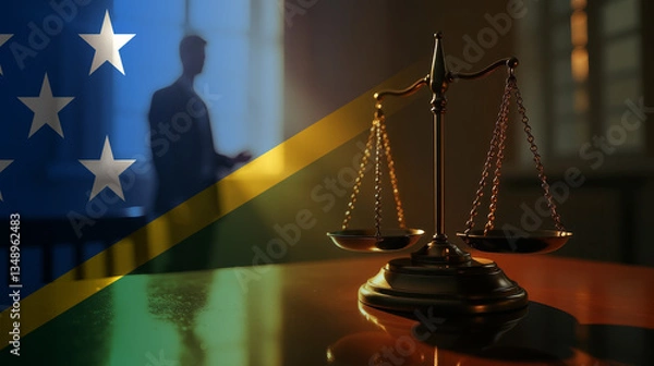 Fototapeta The scales of justice stand in front of the Solomon Islands flag, symbolizing law, fairness, and the legal system. A concept of democracy and equality.