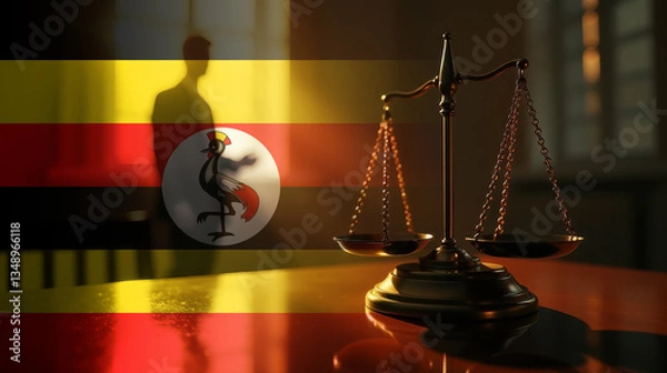 Obraz The scales of justice stand in front of the Uganda flag, symbolizing law, fairness, and the legal system. A concept of democracy and equality.