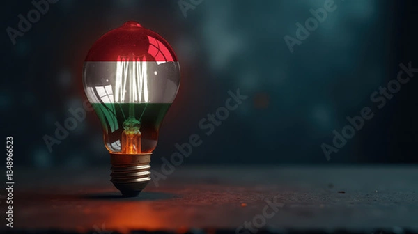 Fototapeta A patriotic concept: A light bulb with the Hungary flag design glowing in the dark, symbolizing ingenuity, technology, and energy independence