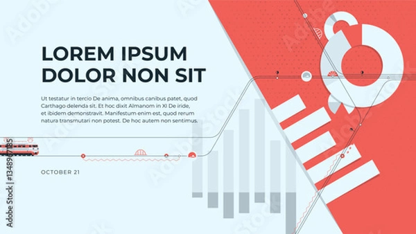 Obraz Railway infrastructure development, economics and logistics. A cover template for a presentation, album, or annual report in red and gray tones