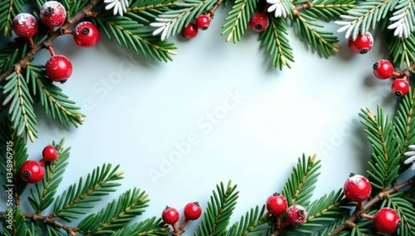 Fototapeta Evergreen branches with red berries and frosted pine needles, berries, garlands