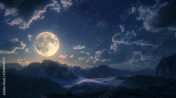 Fototapeta A serene night sky with a full moon and wispy clouds over mountains.