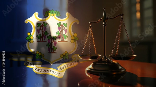 Obraz The scales of justice stand in front of the Connecticut flag, symbolizing law, fairness, and the legal system. A concept of democracy and equality.