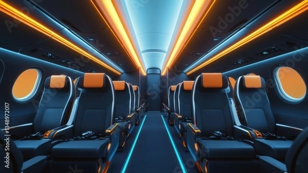 Fototapeta Modern aircraft interior featuring sleek design and vibrant lighting with spacious seating and advanced amenities
