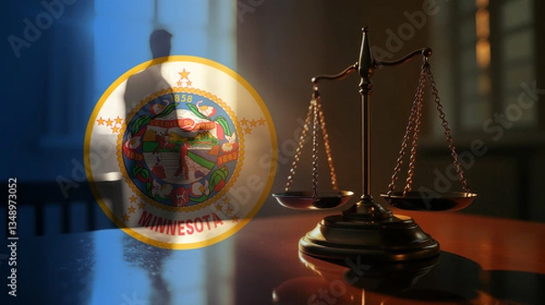 Fototapeta The scales of justice stand in front of the Minnesota flag, symbolizing law, fairness, and the legal system. A concept of democracy and equality.