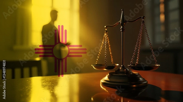 Obraz The scales of justice stand in front of the New Mexico flag, symbolizing law, fairness, and the legal system. A concept of democracy and equality.
