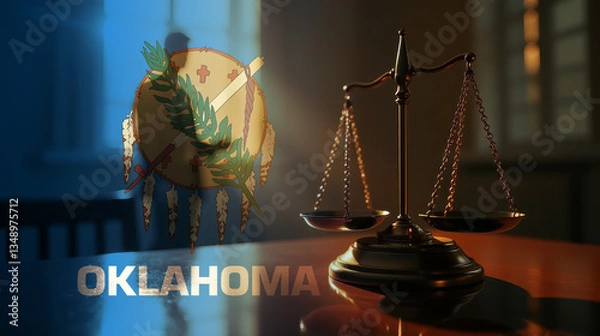 Fototapeta The scales of justice stand in front of the Oklahoma flag, symbolizing law, fairness, and the legal system. A concept of democracy and equality.
