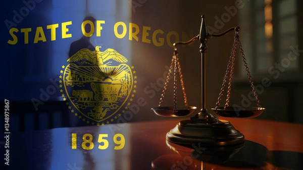 Obraz The scales of justice stand in front of the Oregon flag, symbolizing law, fairness, and the legal system. A concept of democracy and equality.