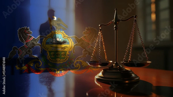 Fototapeta The scales of justice stand in front of the Pennsylvania flag, symbolizing law, fairness, and the legal system. A concept of democracy and equality.