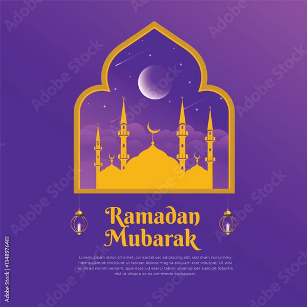 Obraz The Ramadan Kareem design features a gold and purple gradient with windows and lanterns. It is a modern Islamic greeting card and wallpaper, ideal for social media posters and banners.