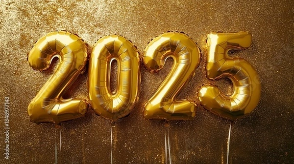 Fototapeta Golden 2025 Balloons Against a Sparkling Gold Background for New Year