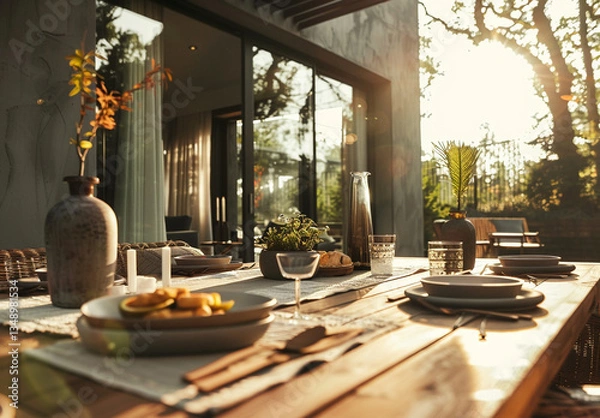 Fototapeta A beautifully set outdoor dining table on a wooden patio, bathed in warm golden sunlight, creating a cozy and inviting atmosphere.