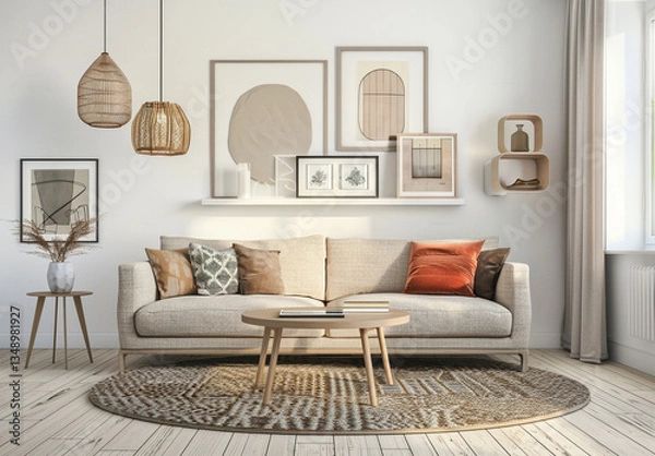 Fototapeta Modern Scandinavian living room with warm earthy tones, rattan lighting, framed artwork, and soft textiles creating a stylish and cozy space