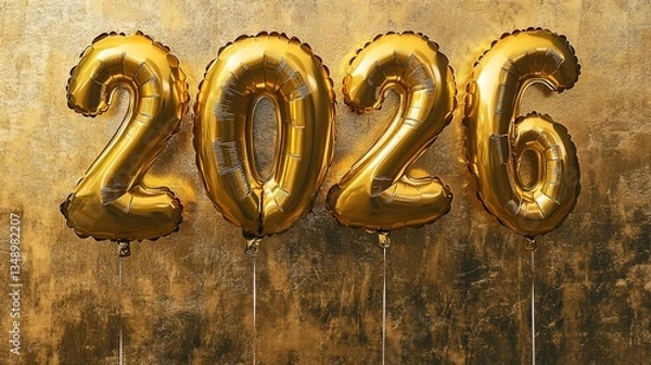 Fototapeta Golden balloons shimmering with the promise of the New Year 2026 celebration