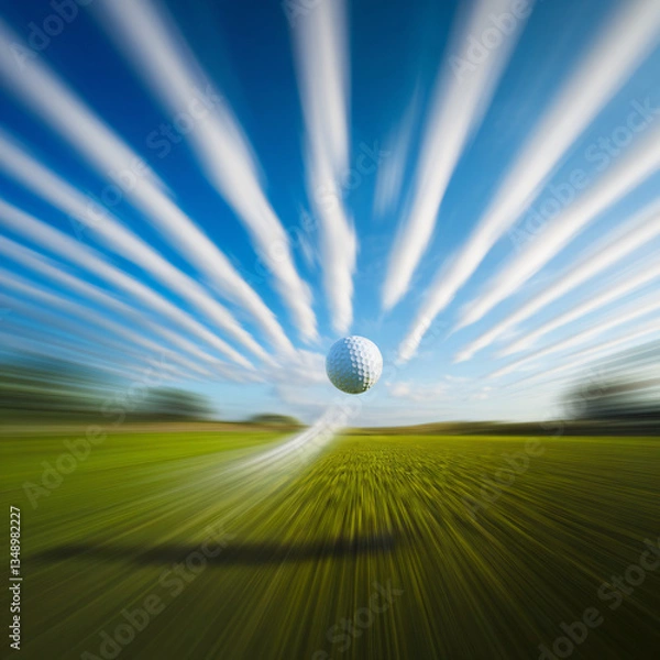 Fototapeta A golf ball soars with explosive energy, glistening in sunlight, against a blurred green background and brilliant blue sky dotted with clouds.