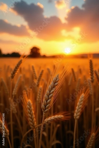 Fototapeta Softly lit wheat fields at sunset create a sense of tranquility, landscape, soft light, agriculture