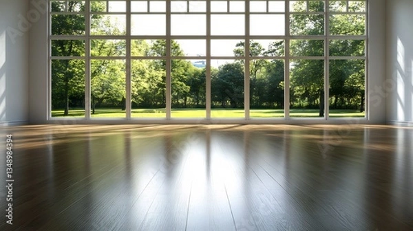 Fototapeta Serene Interior: Sunlight Streaming Through Expansive Windows Showcasing Lush Greenery
