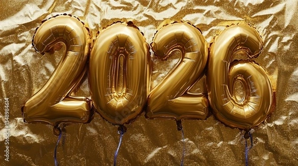 Fototapeta Golden Foil Balloon Numbers Forming '2026' Against Metallic Backdrop