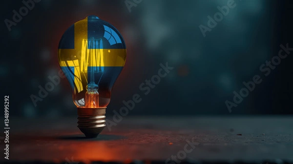 Fototapeta A patriotic concept: A light bulb with the Sweden flag design glowing in the dark, symbolizing ingenuity, technology, and energy independence