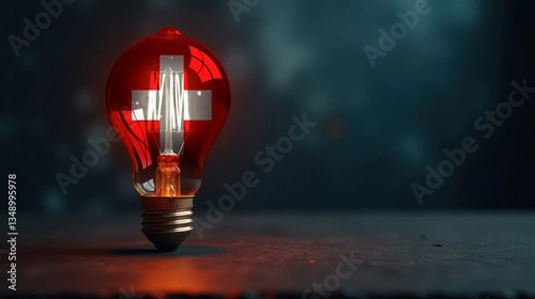 Fototapeta A patriotic concept: A light bulb with the Switzerland flag design glowing in the dark, symbolizing ingenuity, technology, and energy independence