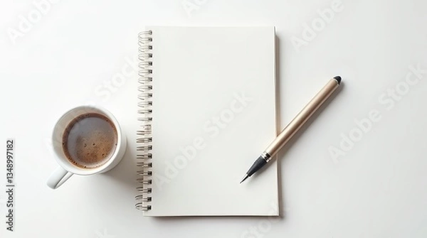 Fototapeta Wide view of notebook, pen, and coffee cup on white backdrop, stylish and minimal, ideal for modern work vibes