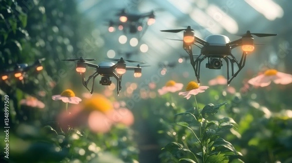 Obraz A swarm of autonomous drones pollinating flowers in a futuristic farm