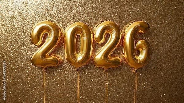 Fototapeta Golden Celebration: Balloon Numbers Spelling Out the Year 2026 on Glittery Backdrop