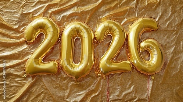 Fototapeta Golden celebration: Shimmering 2026 balloon numbers over radiant fabric backdrop
