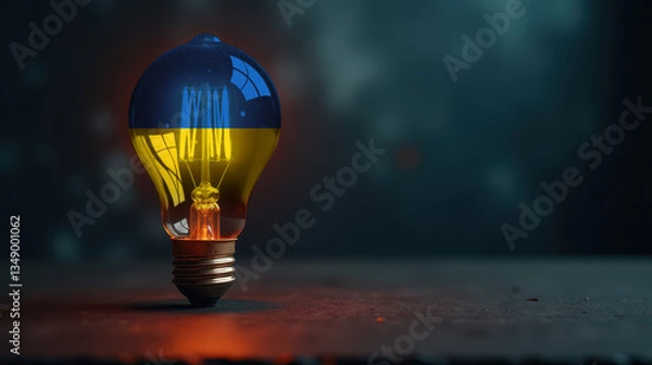 Fototapeta A patriotic concept: A light bulb with the Ukraine flag design glowing in the dark, symbolizing ingenuity, technology, and energy independence