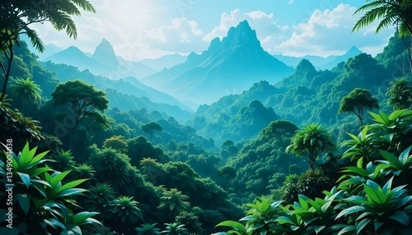 Fototapeta Beautiful landscape with jungle and mountains.Digital illustration lush jungle scene background.