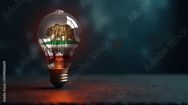 Fototapeta A patriotic concept: A light bulb with the California flag design glowing in the dark, symbolizing ingenuity, technology, and energy independence