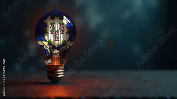 Fototapeta A patriotic concept: A light bulb with the Connecticut flag design glowing in the dark, symbolizing ingenuity, technology, and energy independence