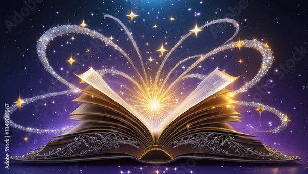 Fototapeta 3D Vector Magic Book with Golden Light & Glittering Stars: Open Pages on Dark Background with Mystical Glow & Dazzling Streams for Fantasy & Learning