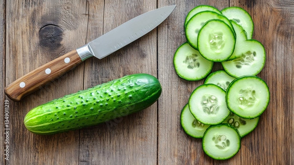 Obraz Freshly Sliced Cucumber on Wooden Surface with Knife in Top Down View Highlighting Natural Texture and Crunch