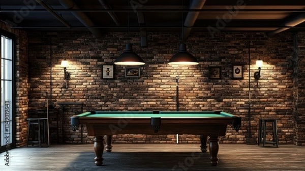Fototapeta Basement Billiards Room Game Table, Brick Walls, Dim Lighting, Industrial Design, Game Room