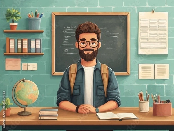 Fototapeta A bearded professor wearing glasses and backpack stands in front of a chalkboard, surrounded by books, plants, and school supplies in his cozy classroom.