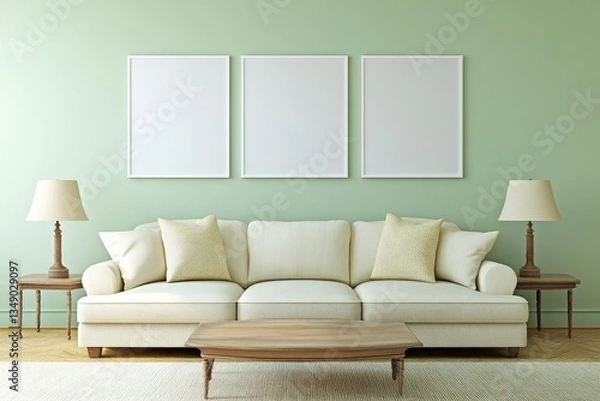 Fototapeta Empty frames on sage wall, beige sofa, living room mockup