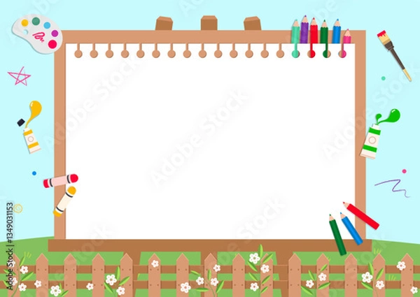 Obraz A garden decorated with easels and art supplies to draw your imagination on nature, plants and green hills. Vector illustration. Background illustration design.