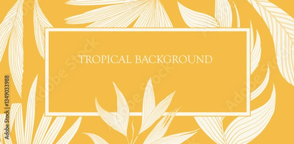 Obraz Tropical event invitation card template. Palm leaves jungl on yellow background. Detailed outline drawing. Rectangular border frame with text placeholder. 
