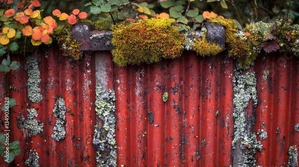Fototapeta Weathered Red Fence with Vibrant Green Moss and Lichen Growth