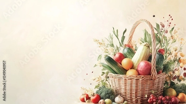 Obraz Vibrant Basket Overflowing with Fresh Seasonal Fruits and Colorful Vegetables Showcasing Natural Abundance