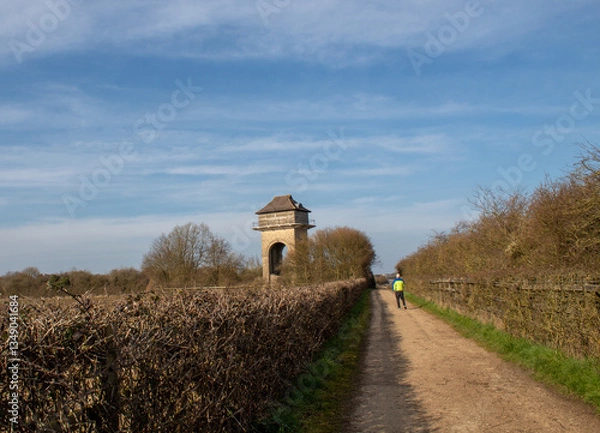 Fototapeta road to the field with a view of the sky and a water tower