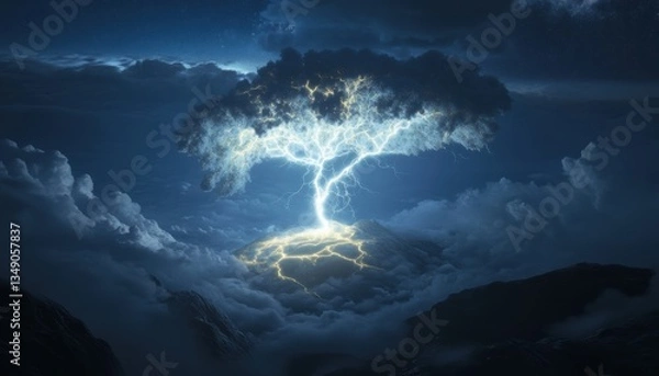 Fototapeta Lightning tree emerges from clouds nature scene atmospheric viewpoint dynamic environment at night