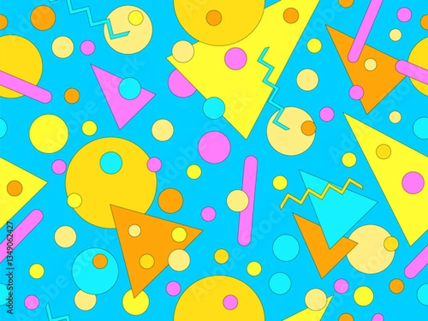 Fototapeta Seamless pattern with colorful geometric shapes with a black outline. Geometric pattern with Memphis elements in 80s style. Design of wallpaper, wrapping paper, and printing. Vector illustration